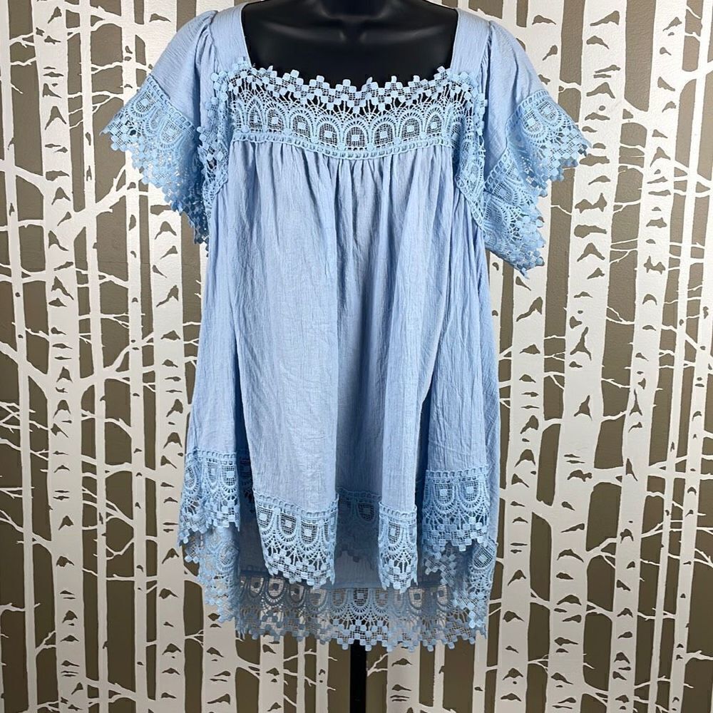 Light Blue Crochet-Trim Peasant Top